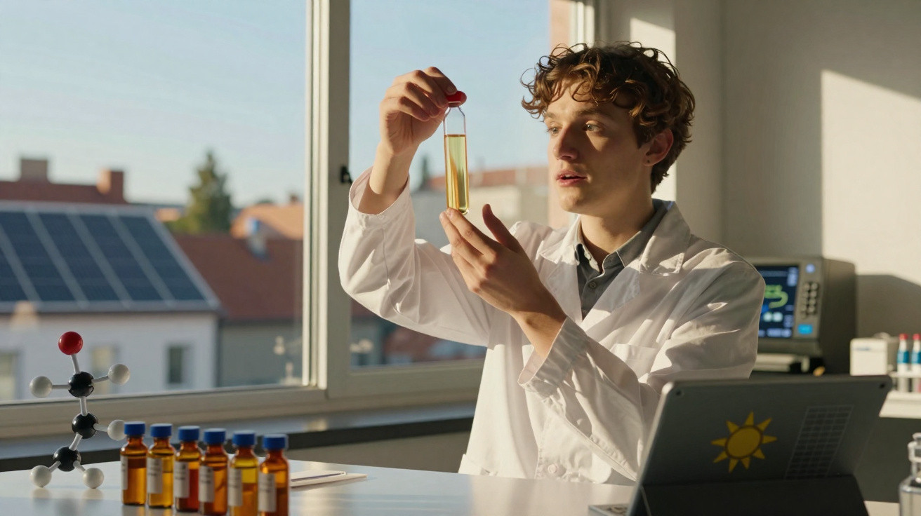 Scientist in lab coat examining a test tube with yellow liquid in a sunlit laboratory.