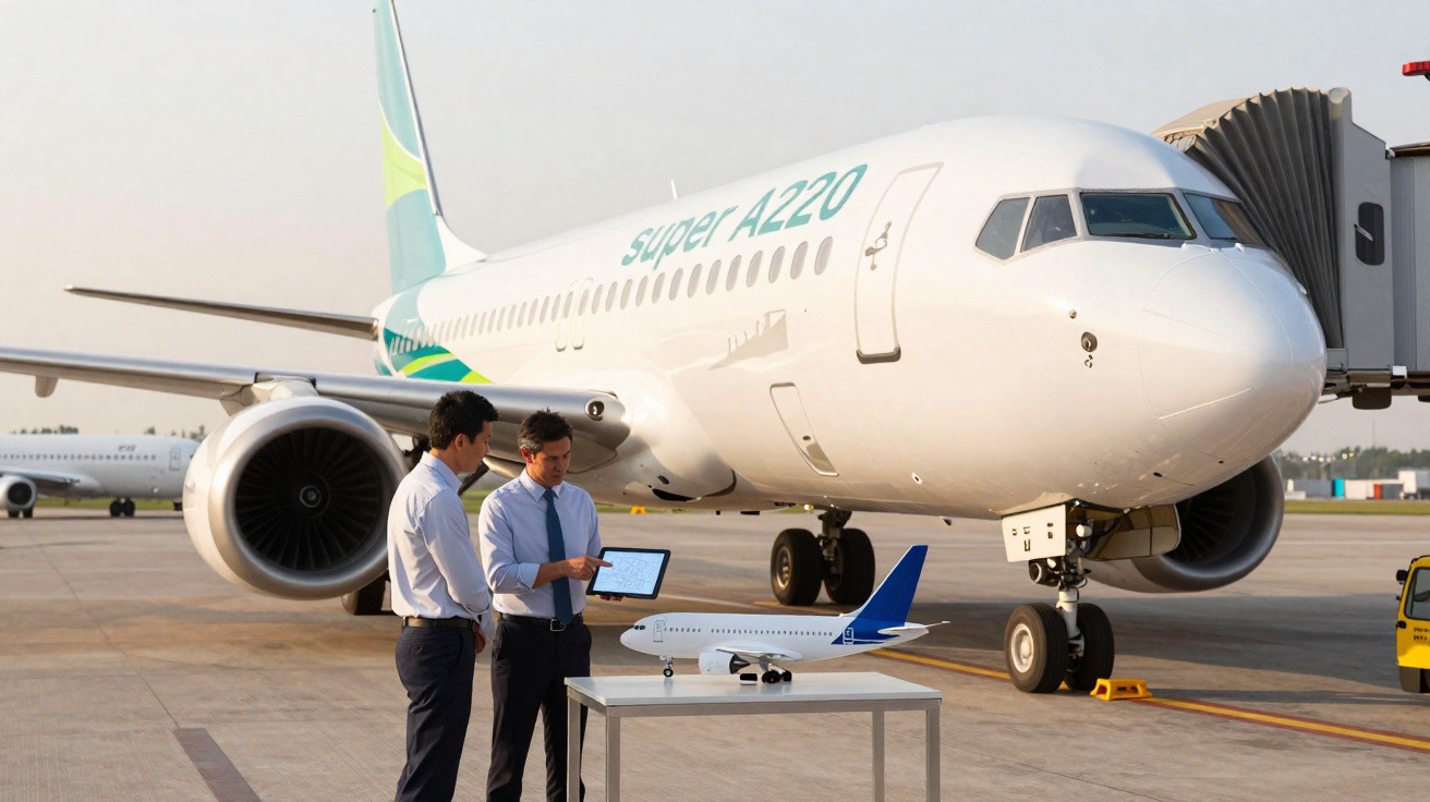 Two men in shirts and ties discussing a tablet beside a table with a model plane, in front of a parked Super A220 aircraft.
