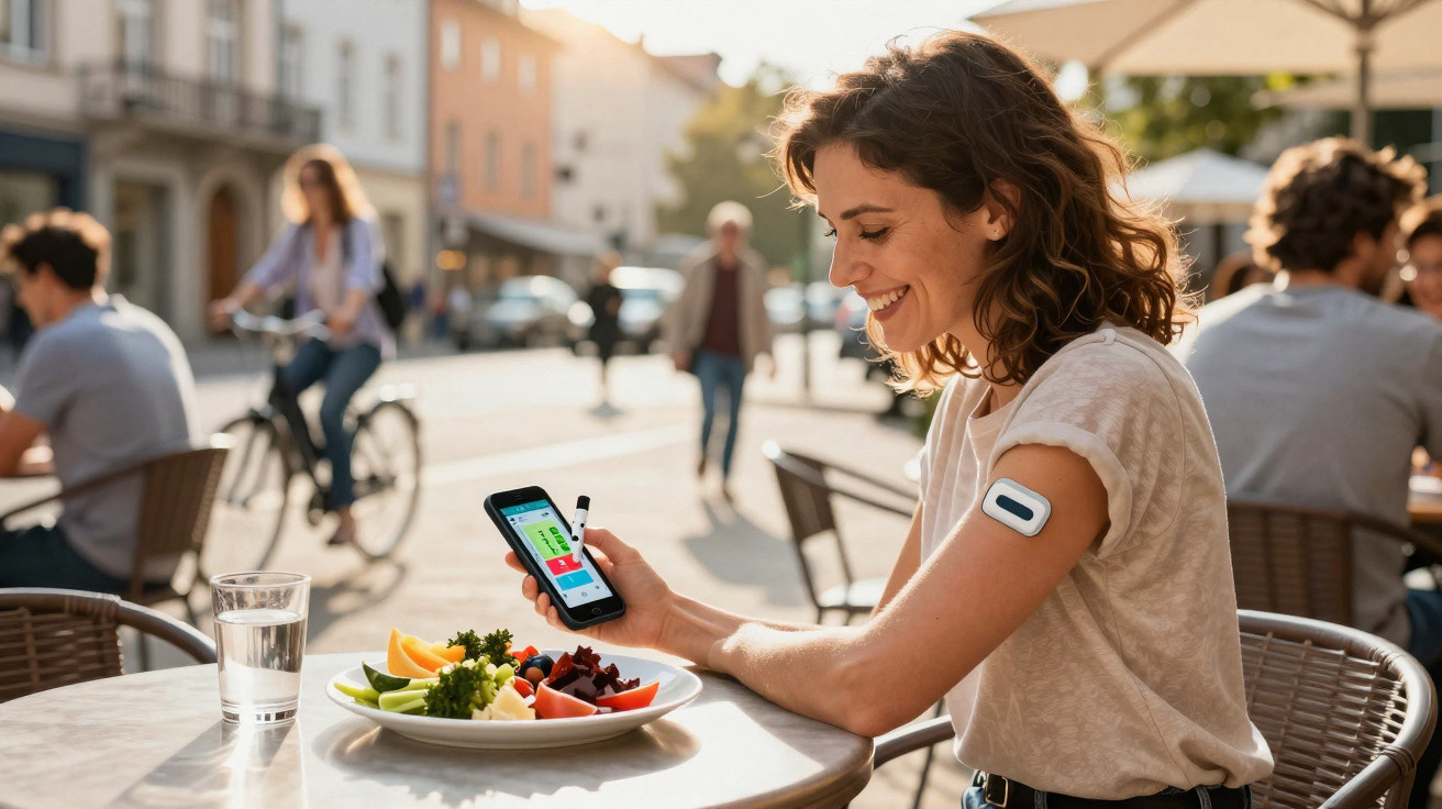 Woman with a glucose monitor on her arm checks a diabetes app on her phone while sitting at an outdoor café table with food.