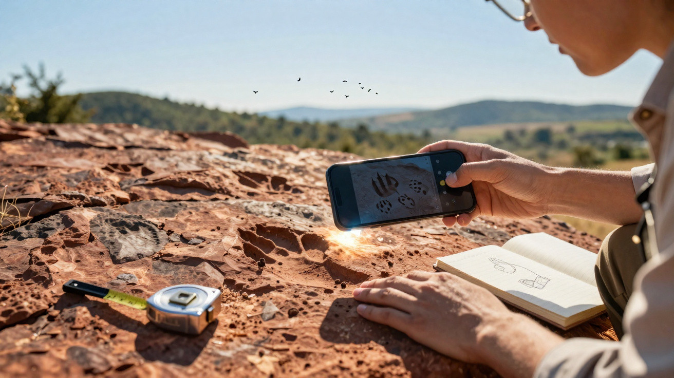 Person photographing animal footprints on rocky terrain with smartphone and sketchbook nearby.