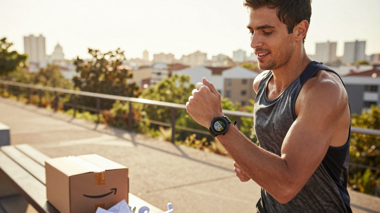 Man in sleeveless top checking fitness watch while jogging outdoors near a bench with an Amazon parcel nearby.