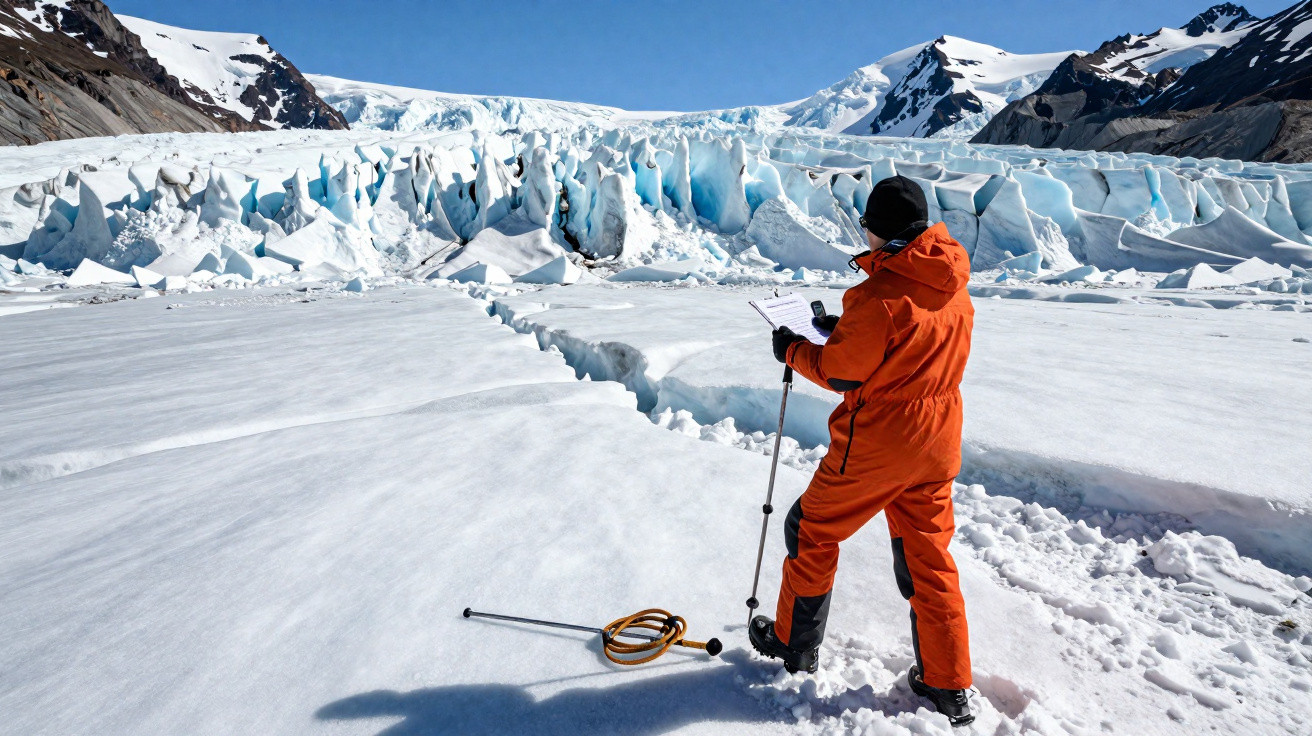 Person in orange suit using equipment on a snowy glacier with mountains in the background