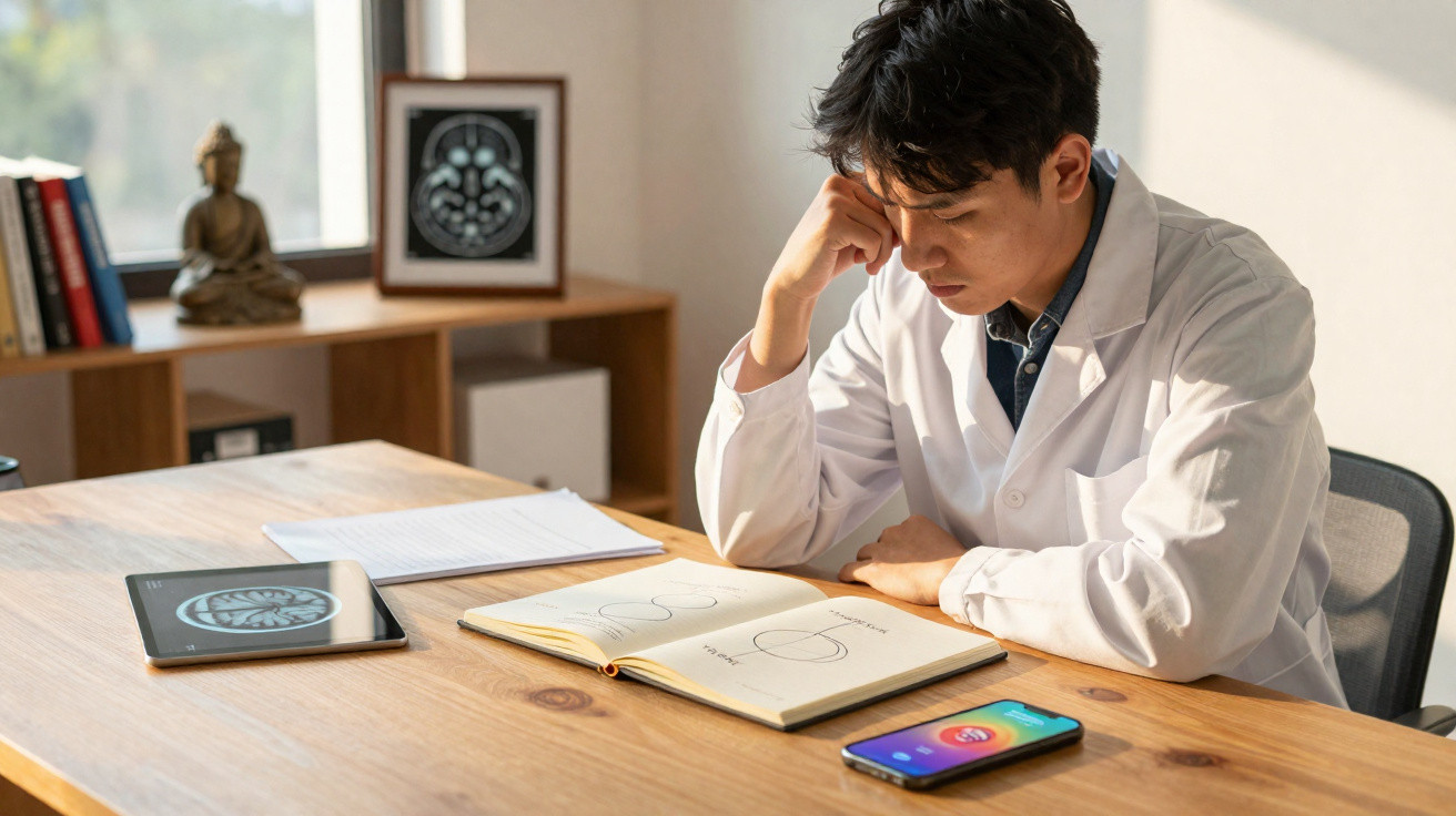 Scientist in white coat studying diagrams in a notebook at a wooden desk with tablet and smartphone nearby.