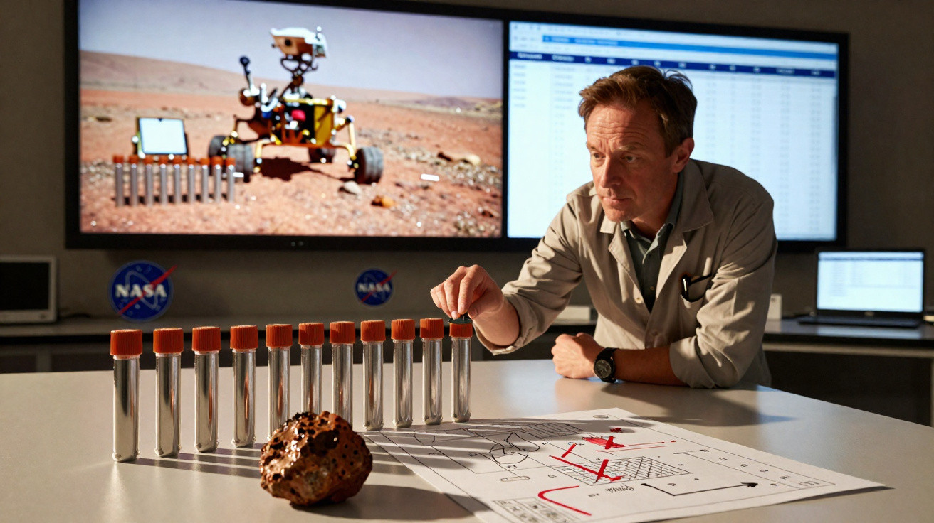 Scientist examining test tubes and rock with Mars rover images and data screens in NASA lab background.