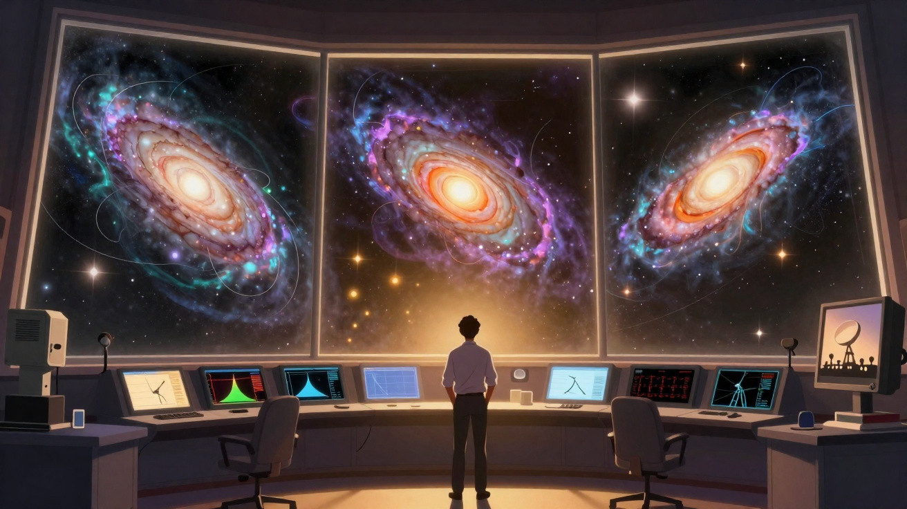 Person standing in a control room observing three large vibrant spiral galaxies on panoramic screens.
