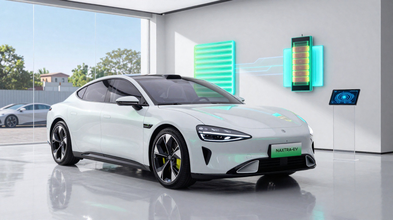 White electric car parked indoors with digital battery and charging display on the wall behind it.