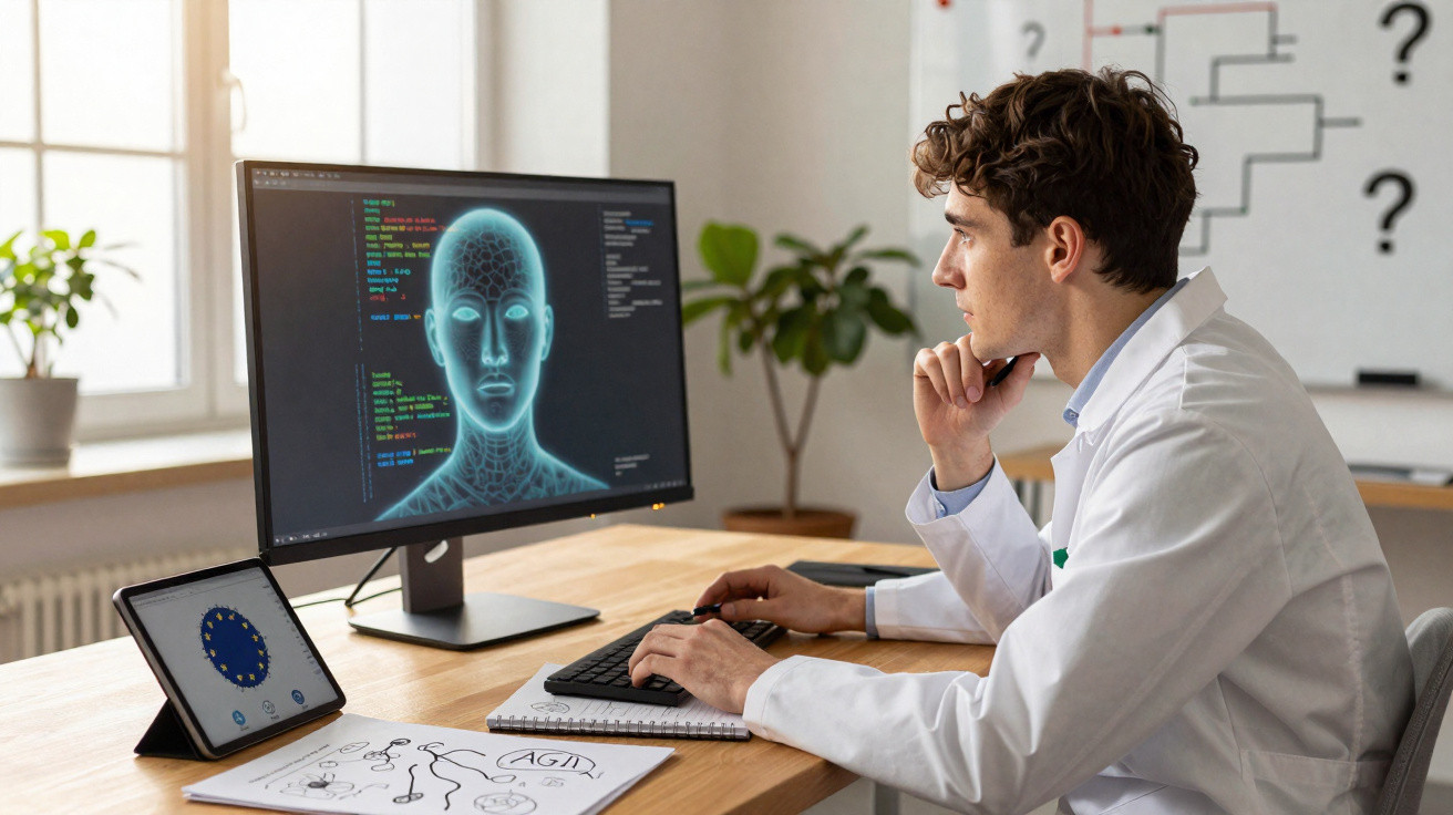 Scientist in lab coat analysing AI facial recognition data on computer in bright office with digital tablet nearby.