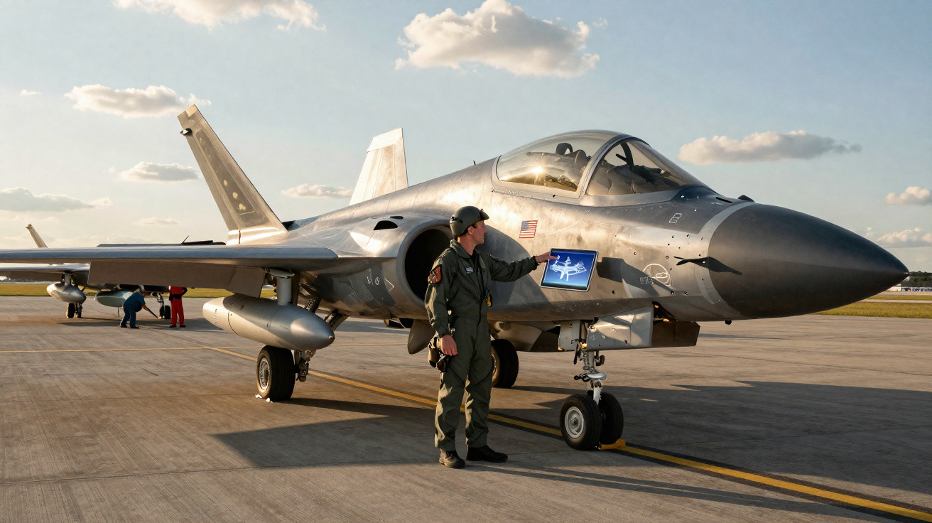 Military pilot in green flight suit showing tablet with jet image next to a grey fighter jet on runway.