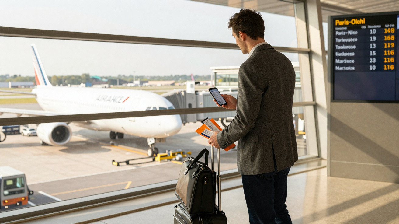 Man with suitcase and boarding passes checking phone by airport window with Air France plane outside.