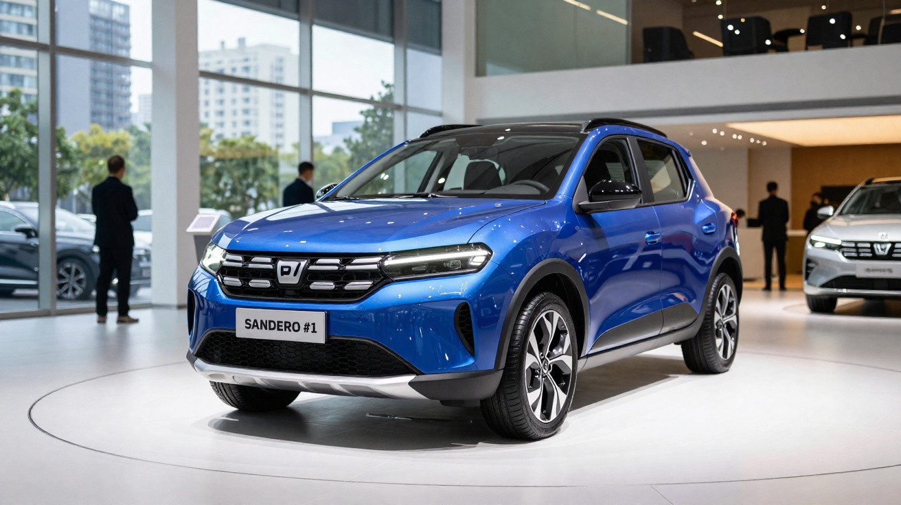 Blue Sandero #1 compact SUV displayed indoors with large windows and people in the background.