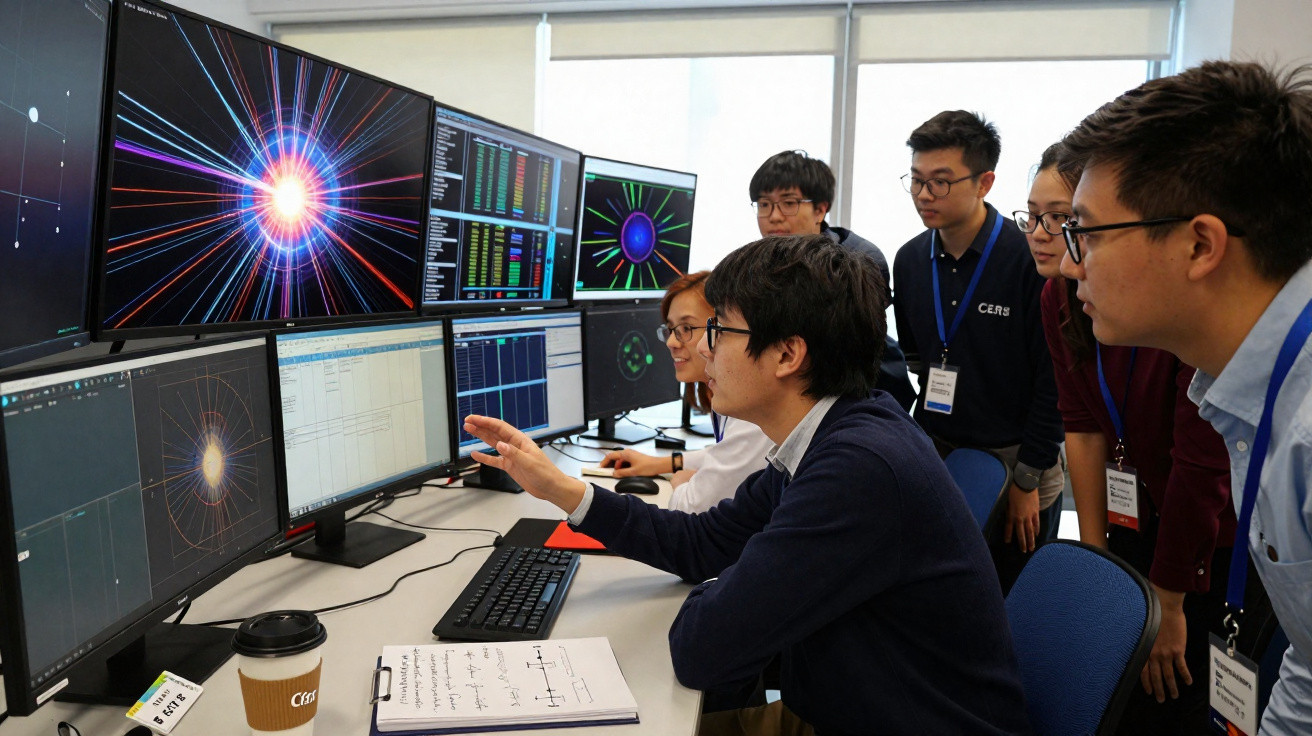 Group of six people analysing complex data and visualisations on multiple computer screens in an office setting.
