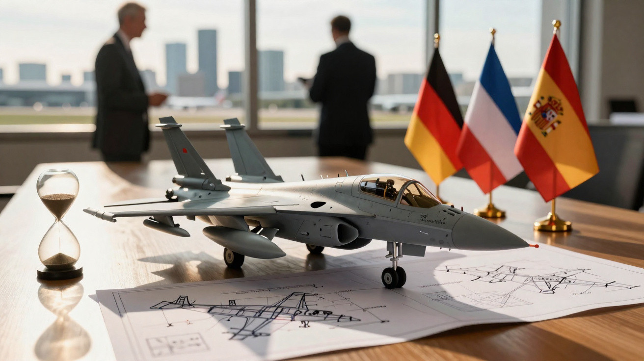 Model fighter jet on table with blueprints, hourglass, and German, Estonian, and Spanish flags in background