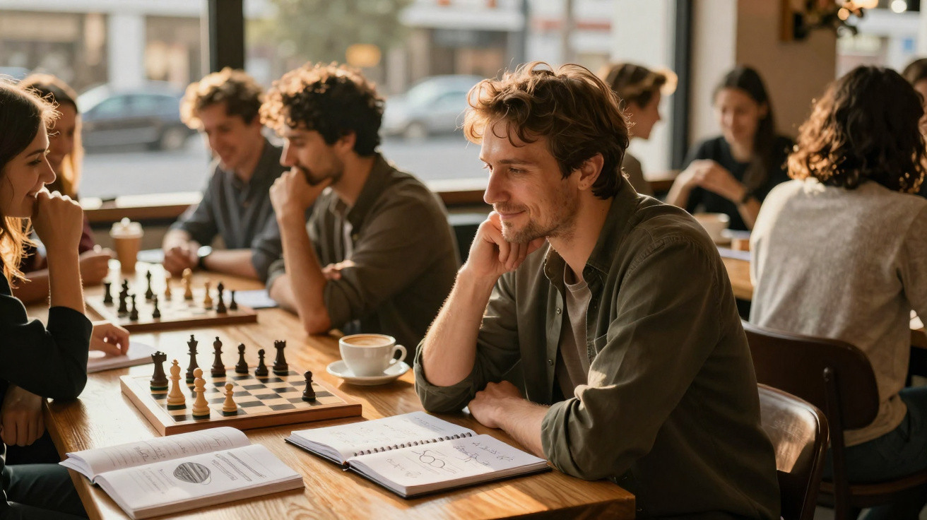 Young adults playing chess and studying together at a sunny café with notebooks and coffee cups on the table.