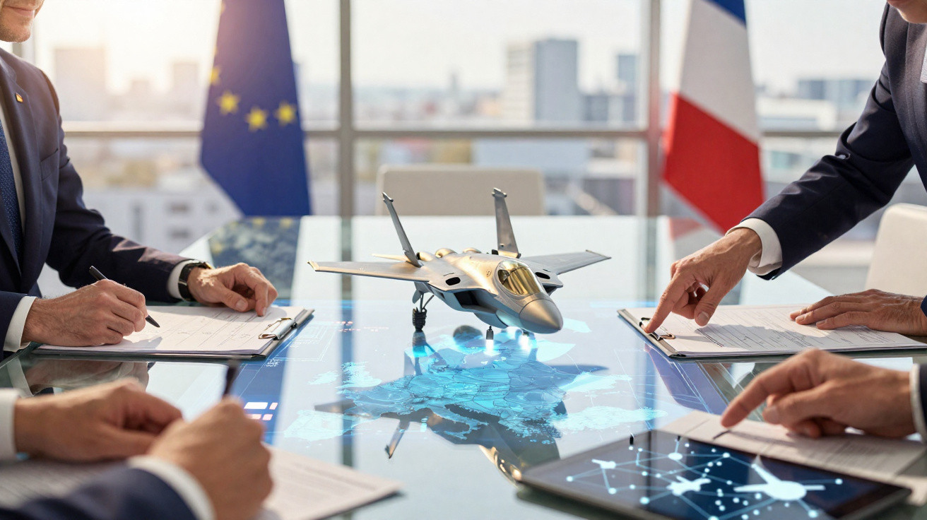 Model fighter jet on table with digital map of Europe as business people discuss around it, EU and France flags visible.