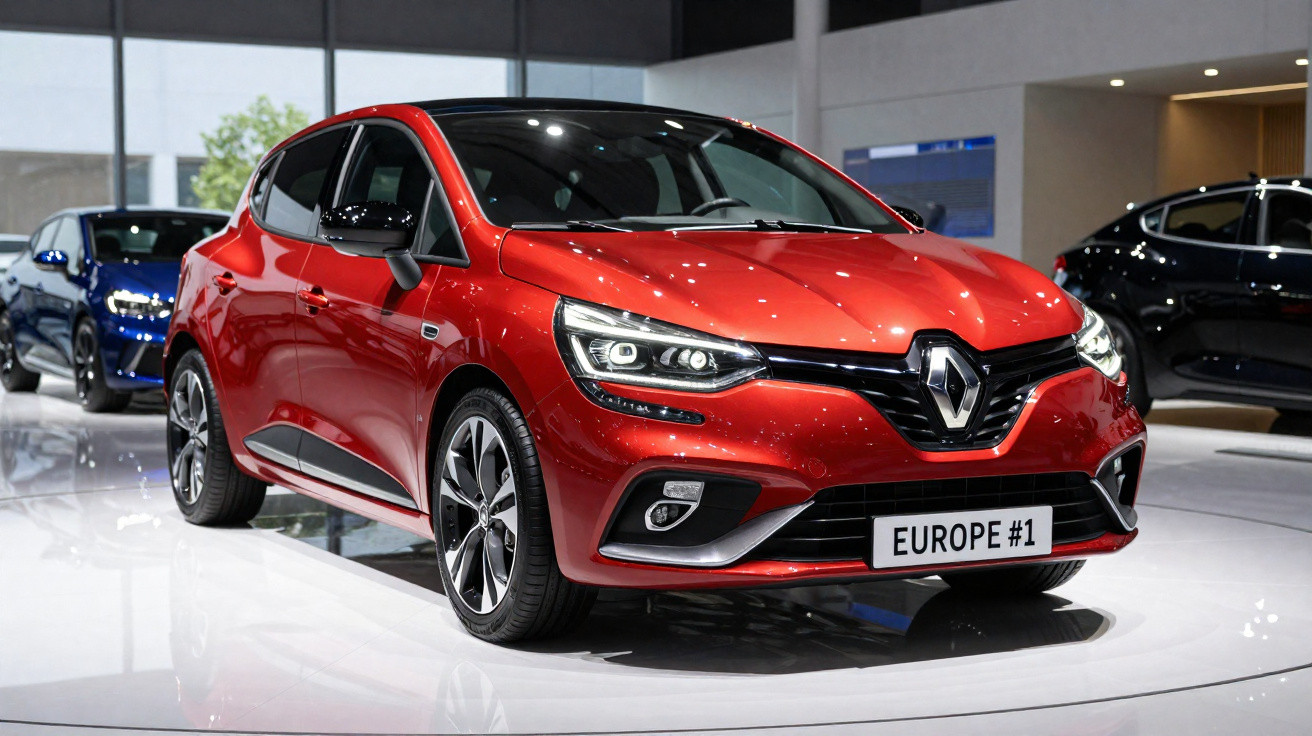 Red Renault hatchback car displayed at auto show with "EUROPE #1" plate in showroom.