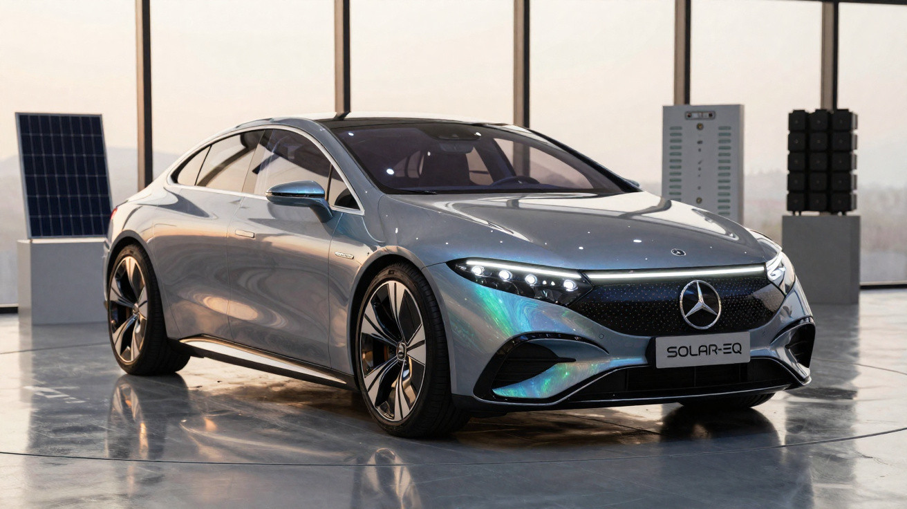 Sleek silver Mercedes-Benz Solar EQ electric car displayed indoors with solar panels in the background.