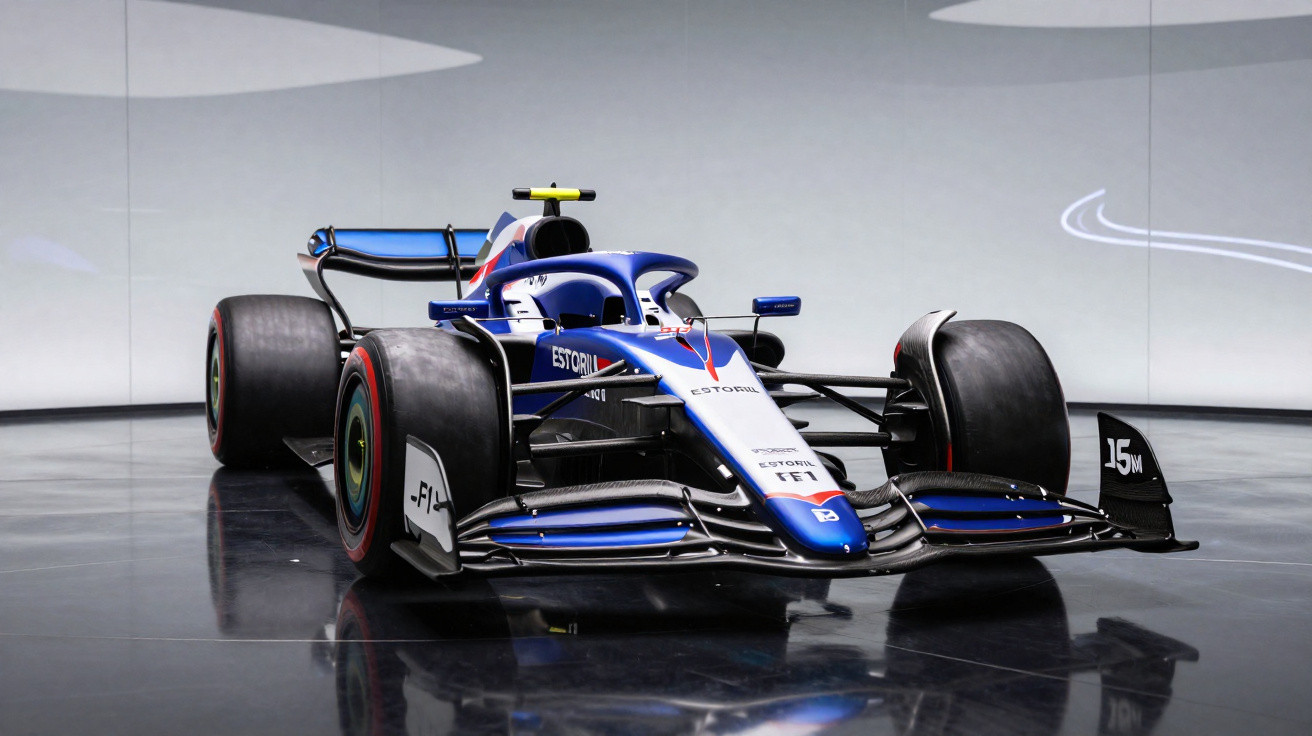Blue and white Formula 1 race car displayed on a glossy floor in a minimalist studio setting.