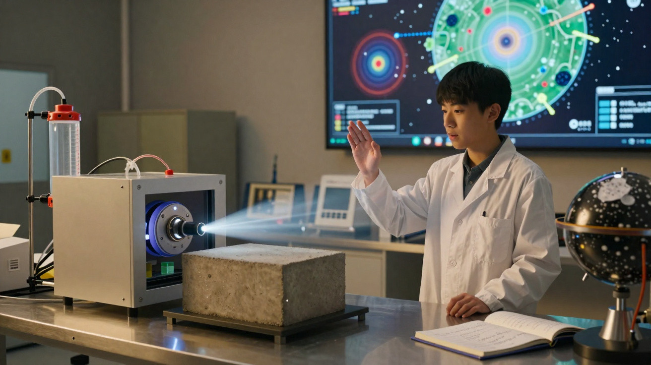 Scientist in white lab coat conducting laser experiment on a concrete block in a high-tech laboratory.