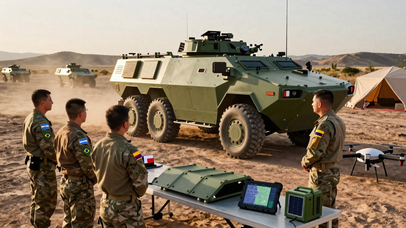 Four soldiers observing a green six-wheeled armoured vehicle in a desert setting with military equipment on a table.
