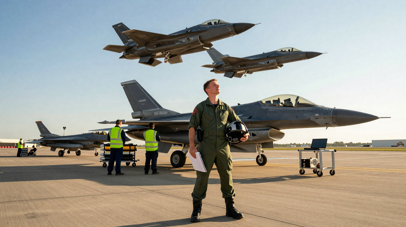 Pilot holding helmet stands on runway with jet fighters on ground and two jets flying overhead in clear sky.
