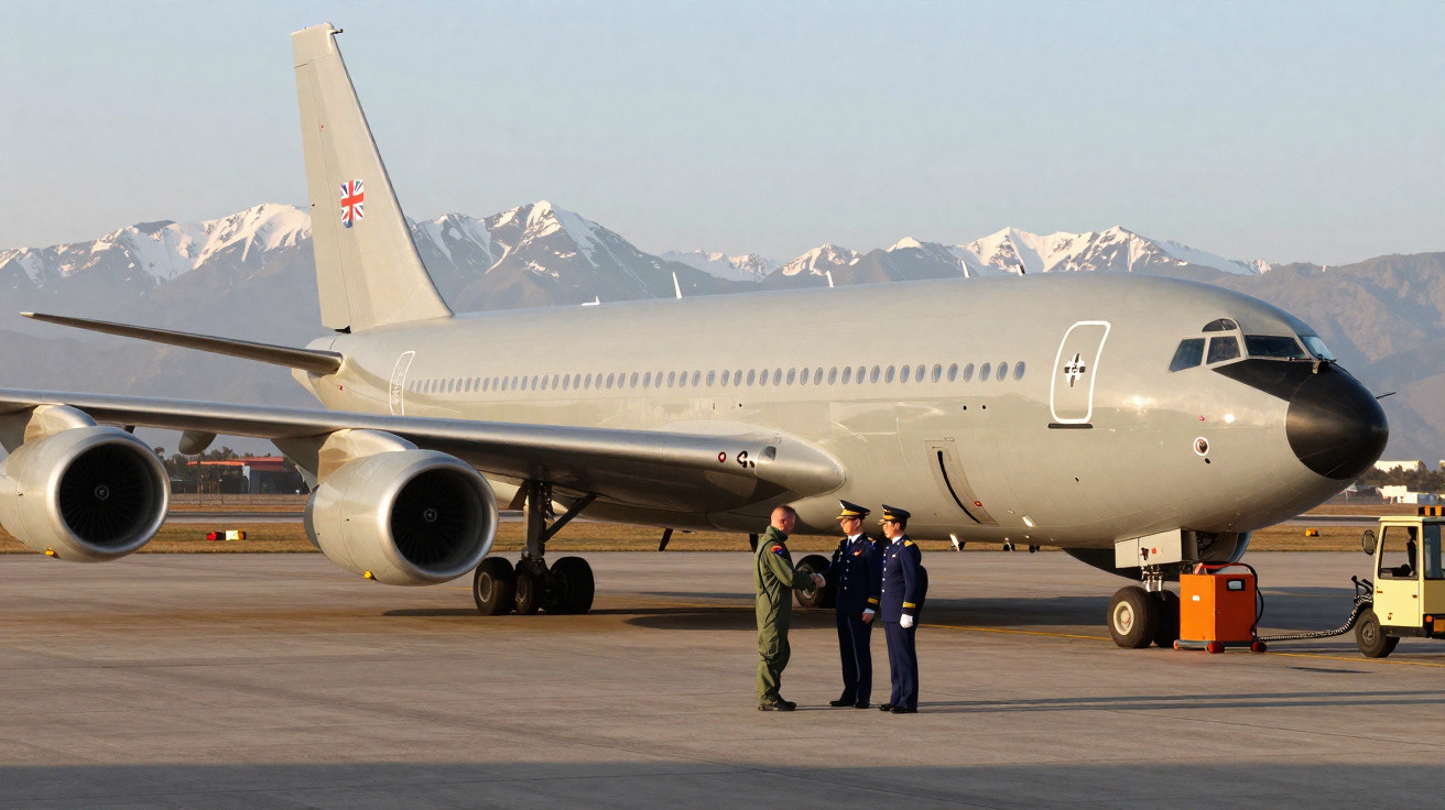 Military aircraft on runway with three uniformed personnel and snow-capped mountains in background