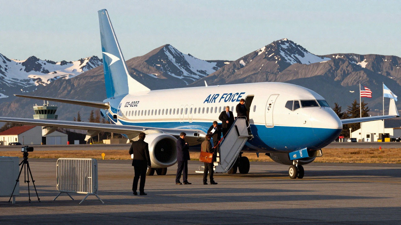 People disembarking an Air Force plane on a runway with snow-capped mountains in the background.