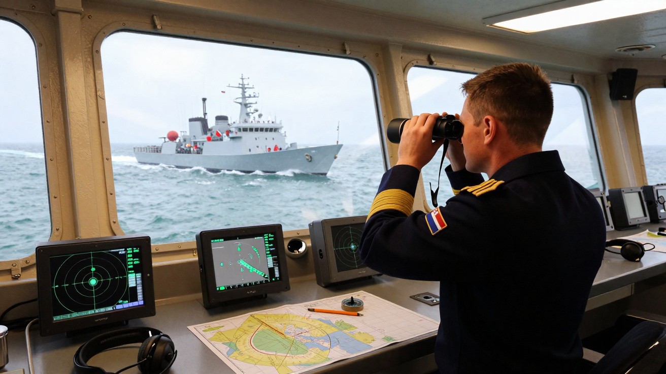 Naval officer with binoculars monitoring a warship from a ship's control room with radar and navigational charts.