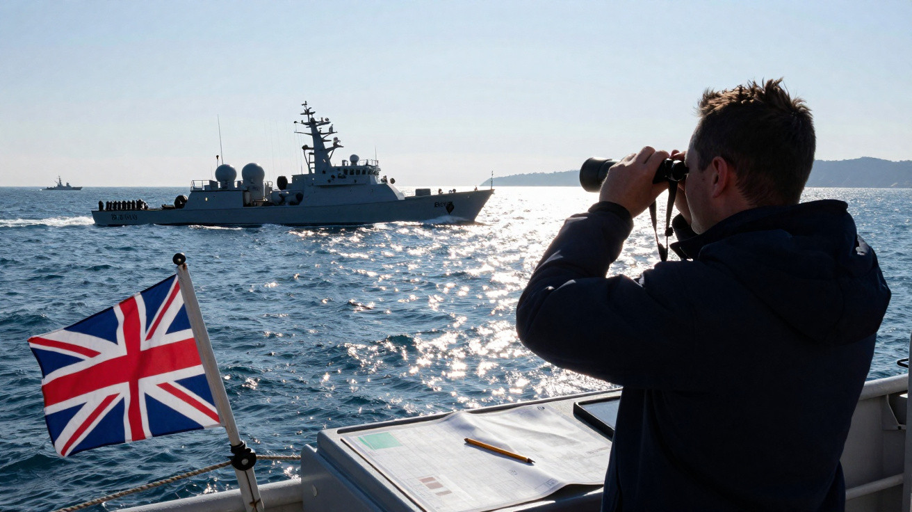 Person using binoculars aboard a ship flying a UK flag, observing a naval vessel on a sunny sea.