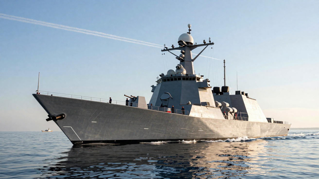 Modern grey naval warship sailing on calm sea under clear sky at sunrise or sunset.