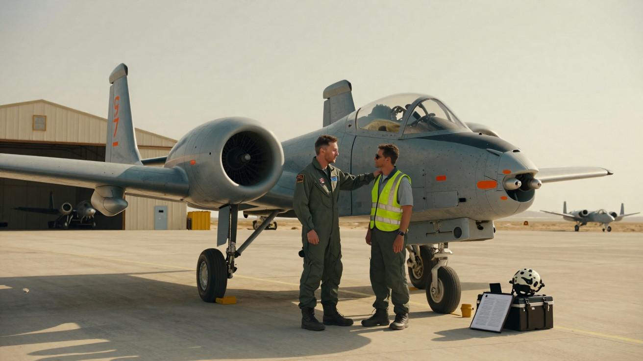 Two men in aviation gear stand next to an A-10 Thunderbolt II jet on a sunny airfield with hangars in the background.