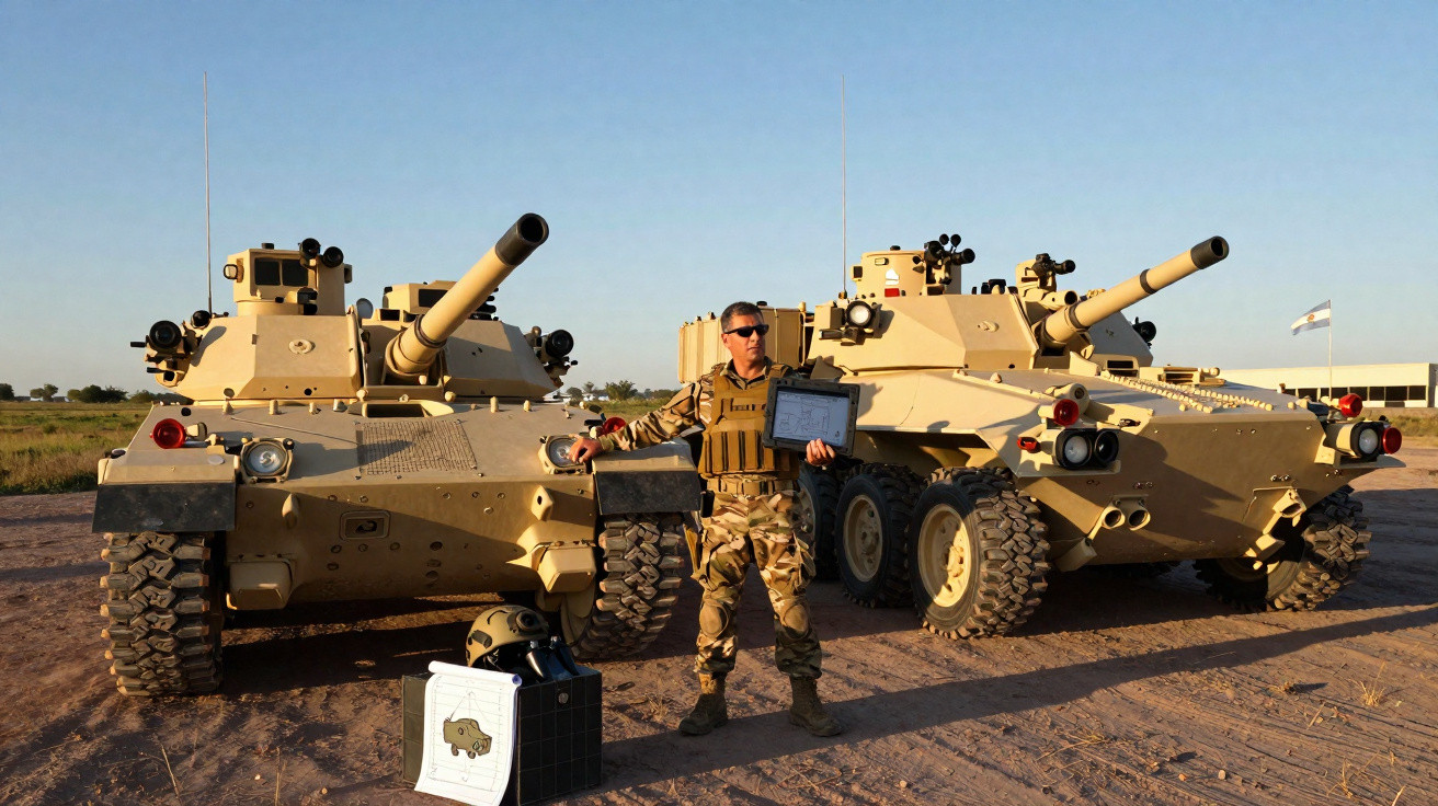 Soldier in camouflage stands between two beige armoured fighting vehicles on dirt ground at sunset.