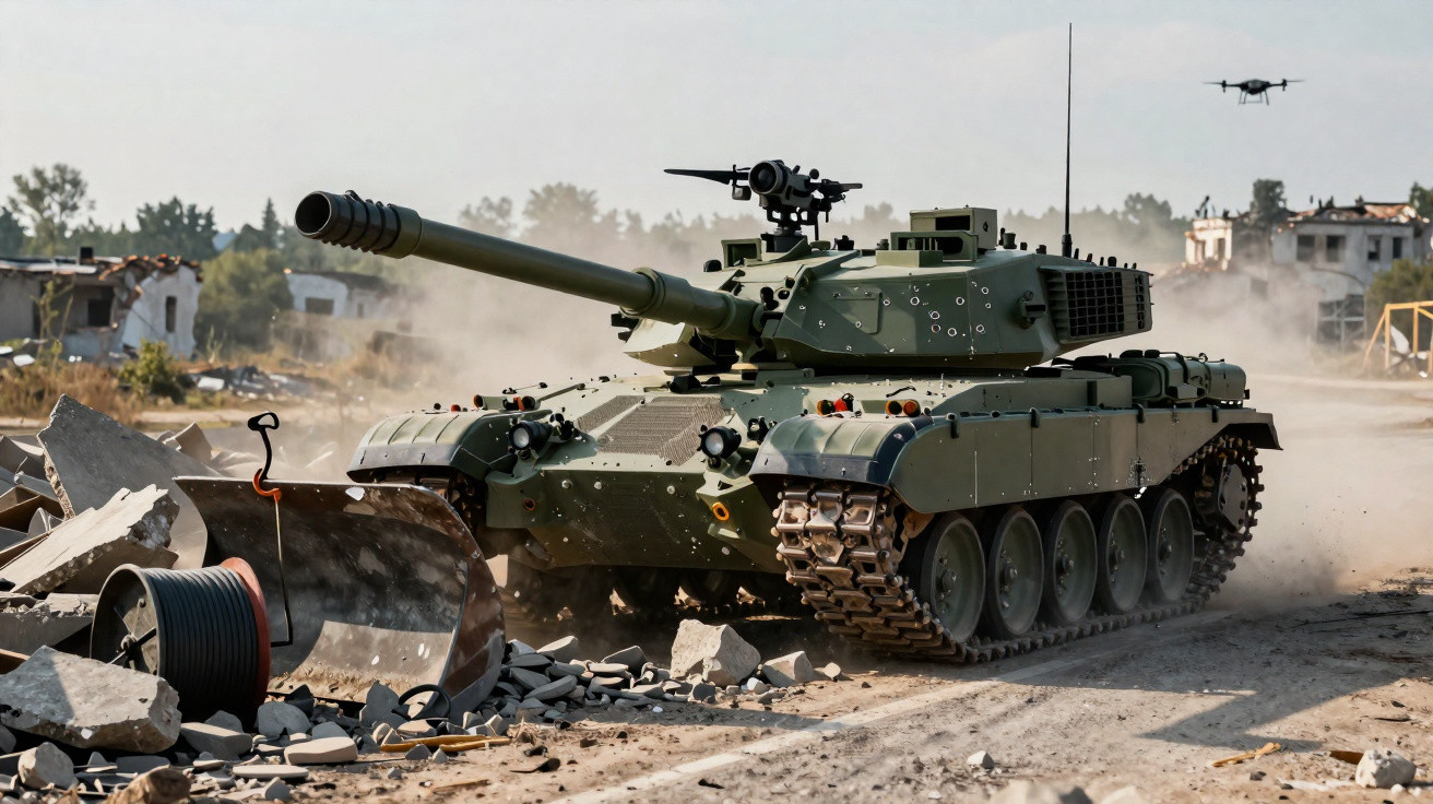 Green military tank with a large cannon driving through rubble, with a drone flying in the background.
