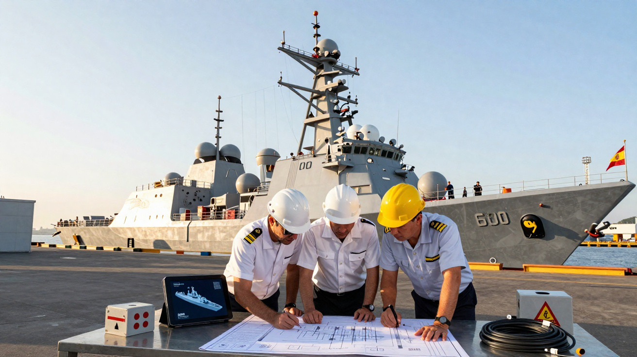 Three men in hard hats reviewing ship plans on dock with a modern naval ship in the background at sunset.