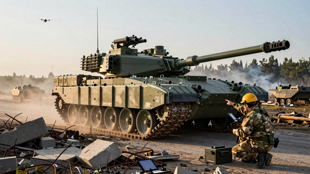 Military tank on dusty terrain with a soldier in camouflage giving directions and a drone flying overhead