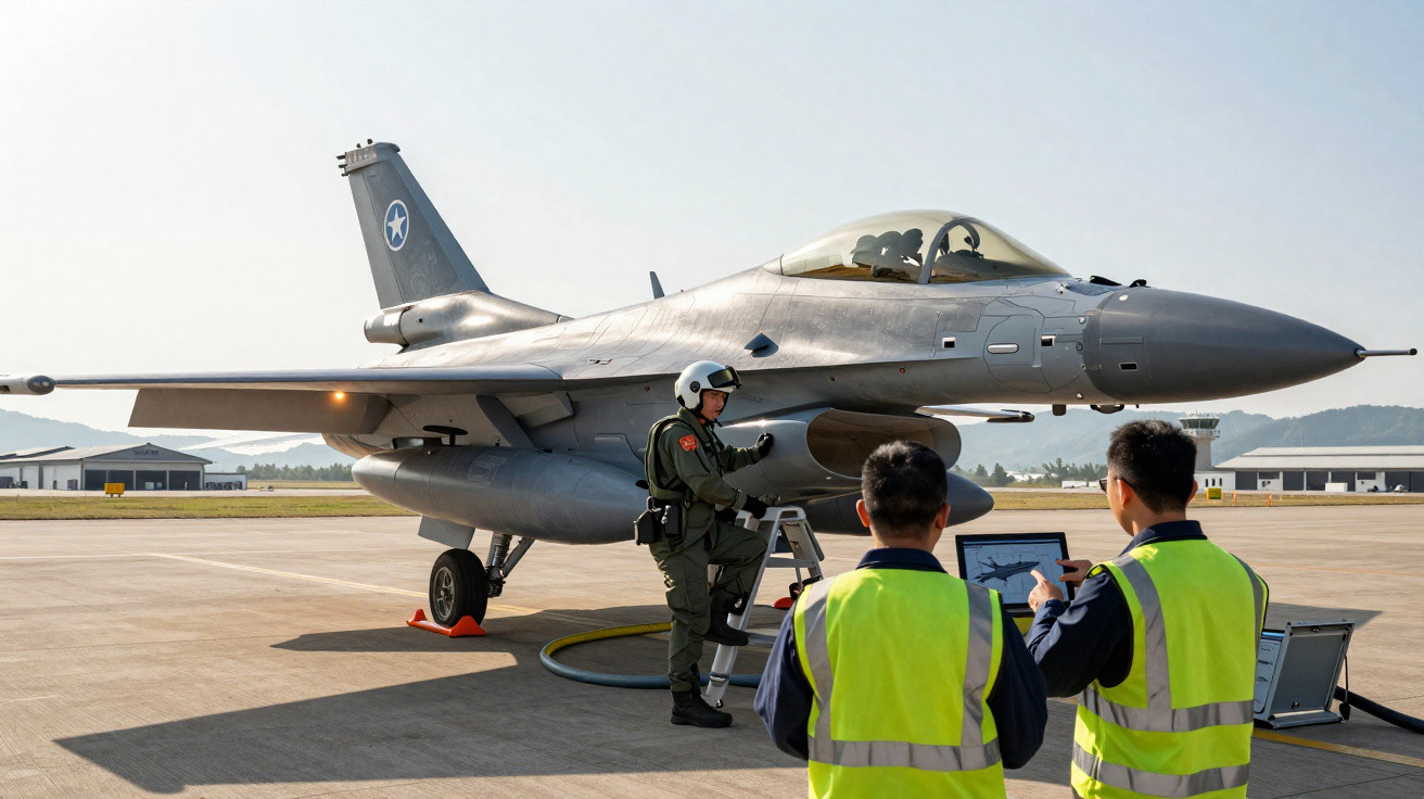 Military jet on runway with pilot and two ground crew members reviewing data on a tablet
