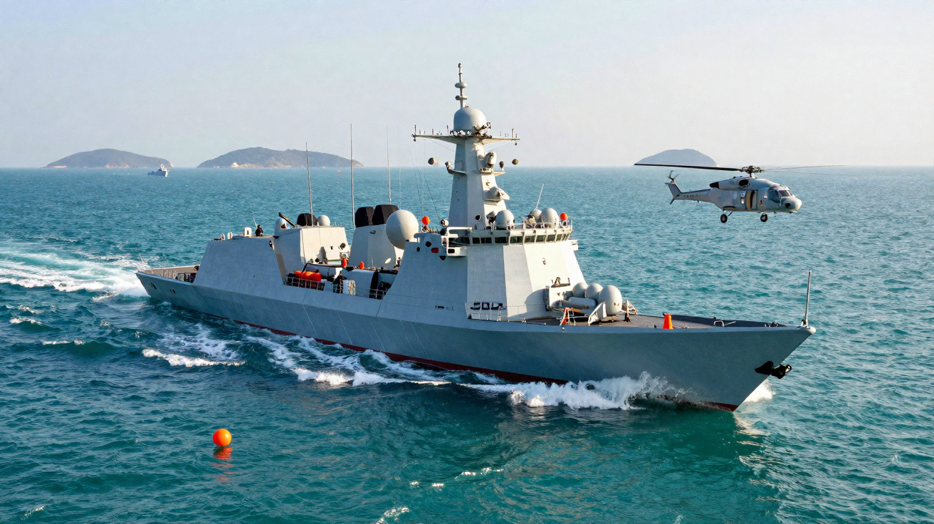 Modern grey naval warship sailing on calm sea with a helicopter flying close alongside and distant islands.