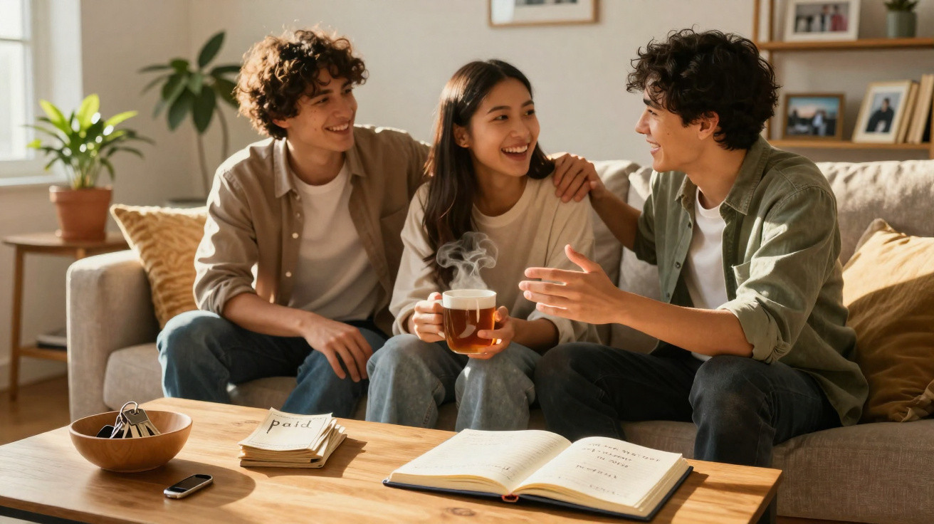 Three friends sitting on a sofa smiling, chatting, and holding a hot drink in a cozy living room.