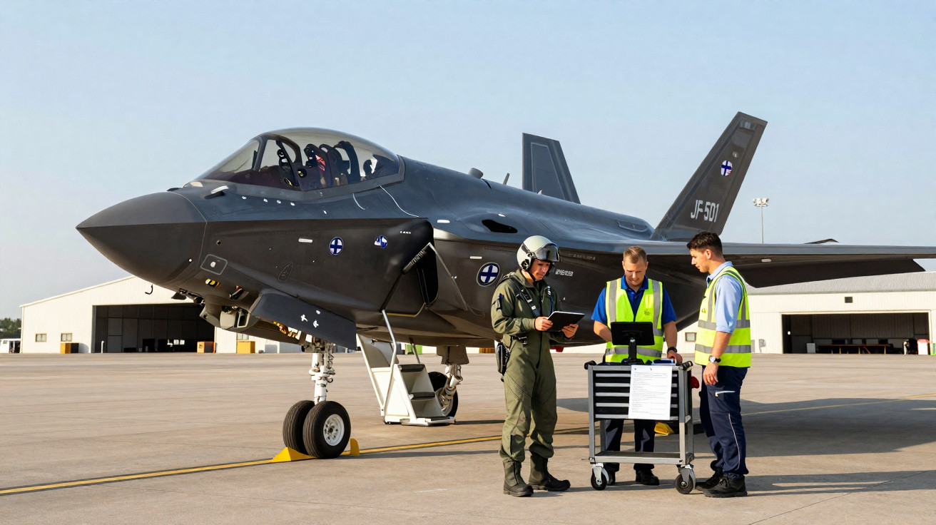 Military jet on runway with three men in uniform checking equipment beside it.