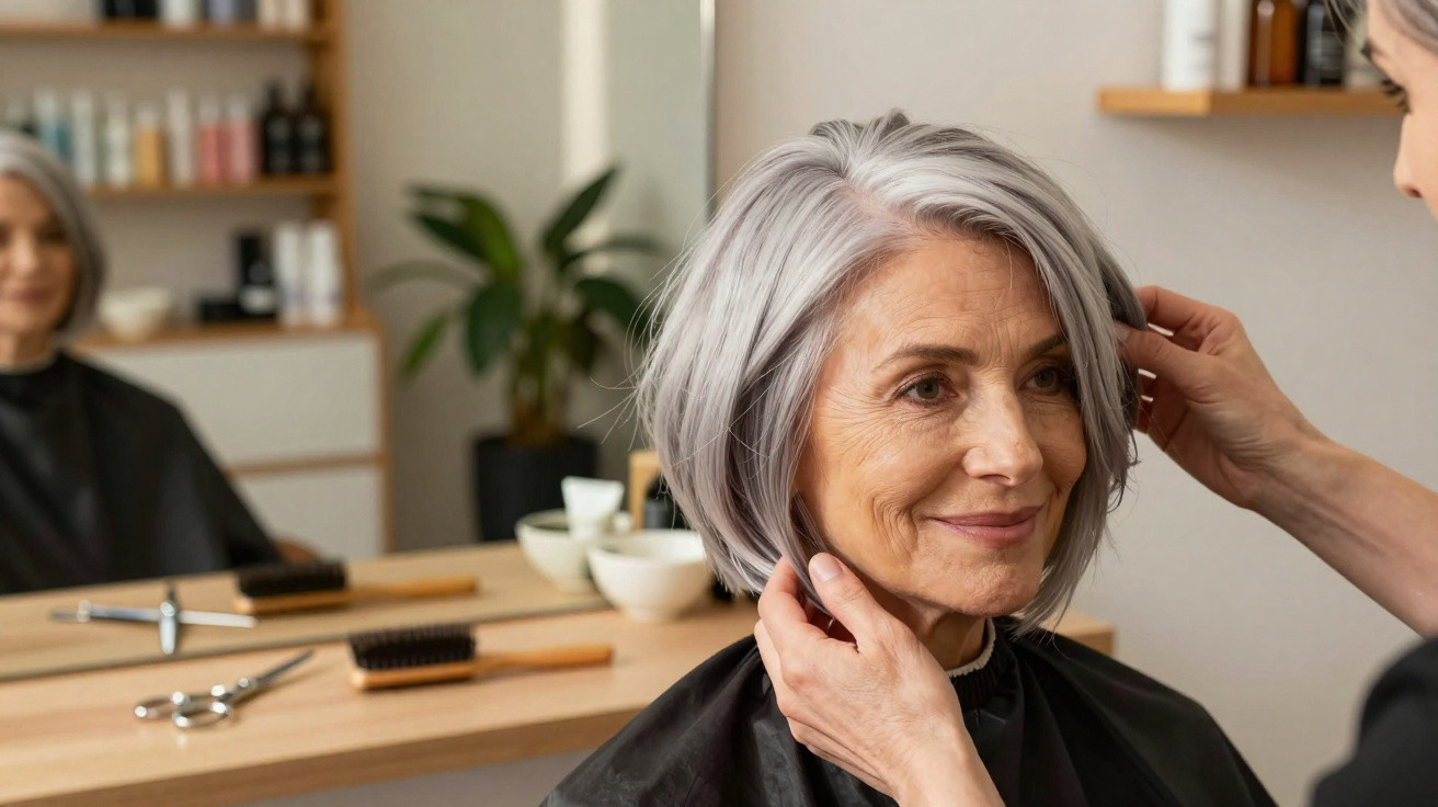 Older woman with silver hair getting a hairstyle adjustment in a salon, smiling softly.