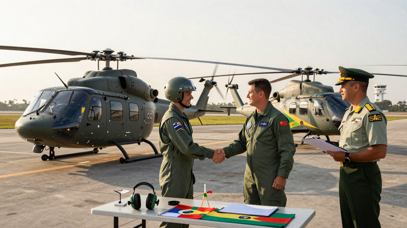 Two uniformed pilots shaking hands on a tarmac with two military helicopters and an officer holding documents nearby.