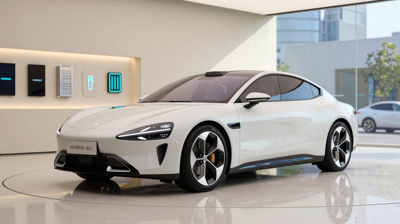 White sleek electric hybrid car on display in a modern showroom with reflective polished floors.