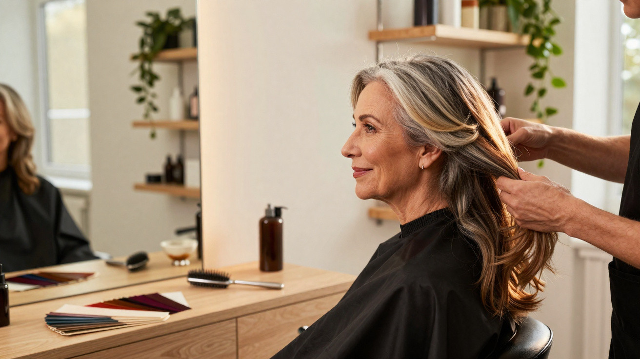 Older woman with grey hair having it styled by a hairdresser in a salon, sitting in front of a mirror.