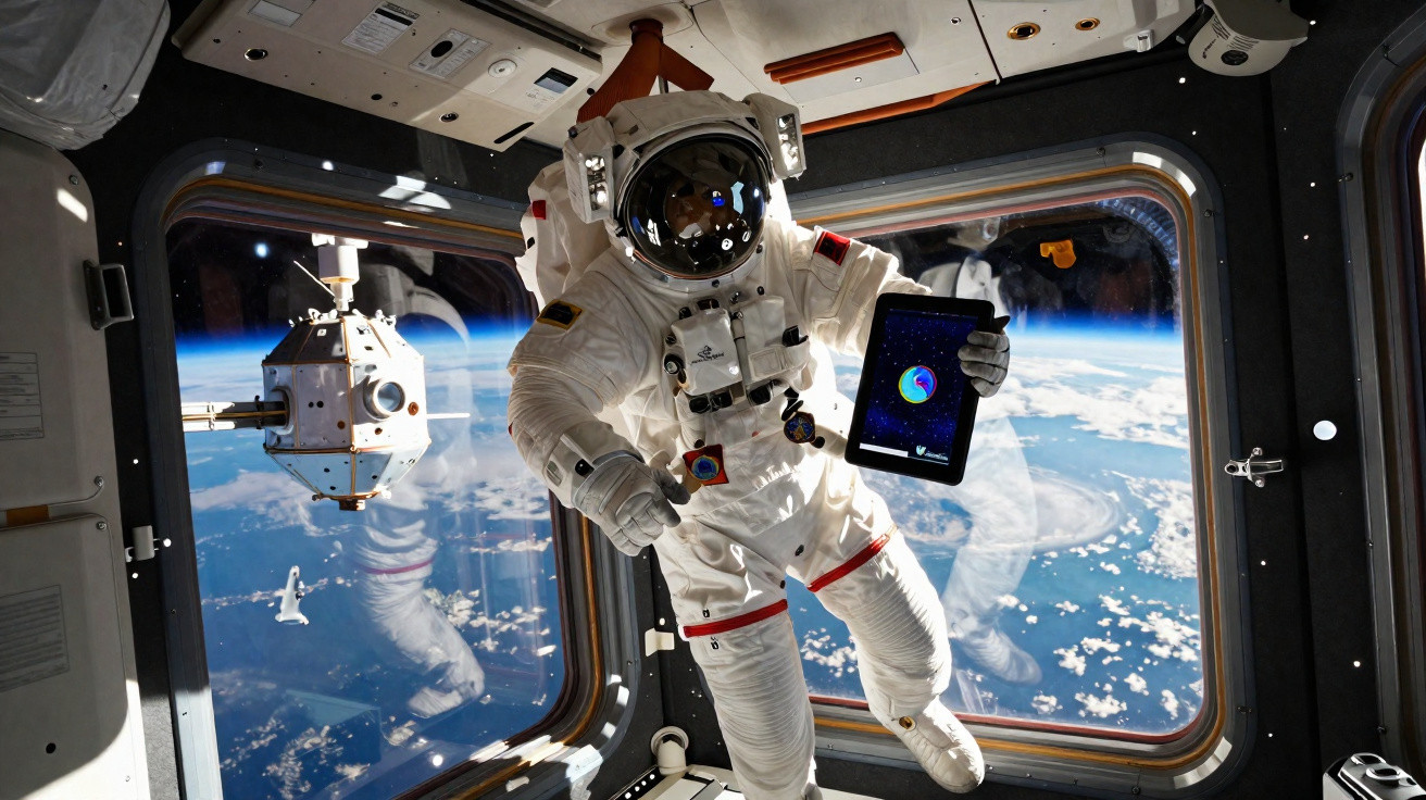 Astronaut floating inside spacecraft with Earth visible through large windows holding a digital tablet.