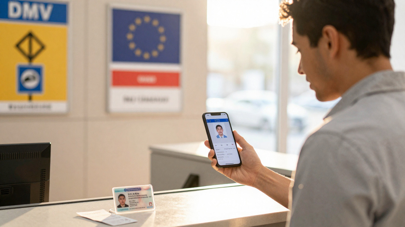 Man holding smartphone displaying digital ID at a service counter with physical ID card on the desk