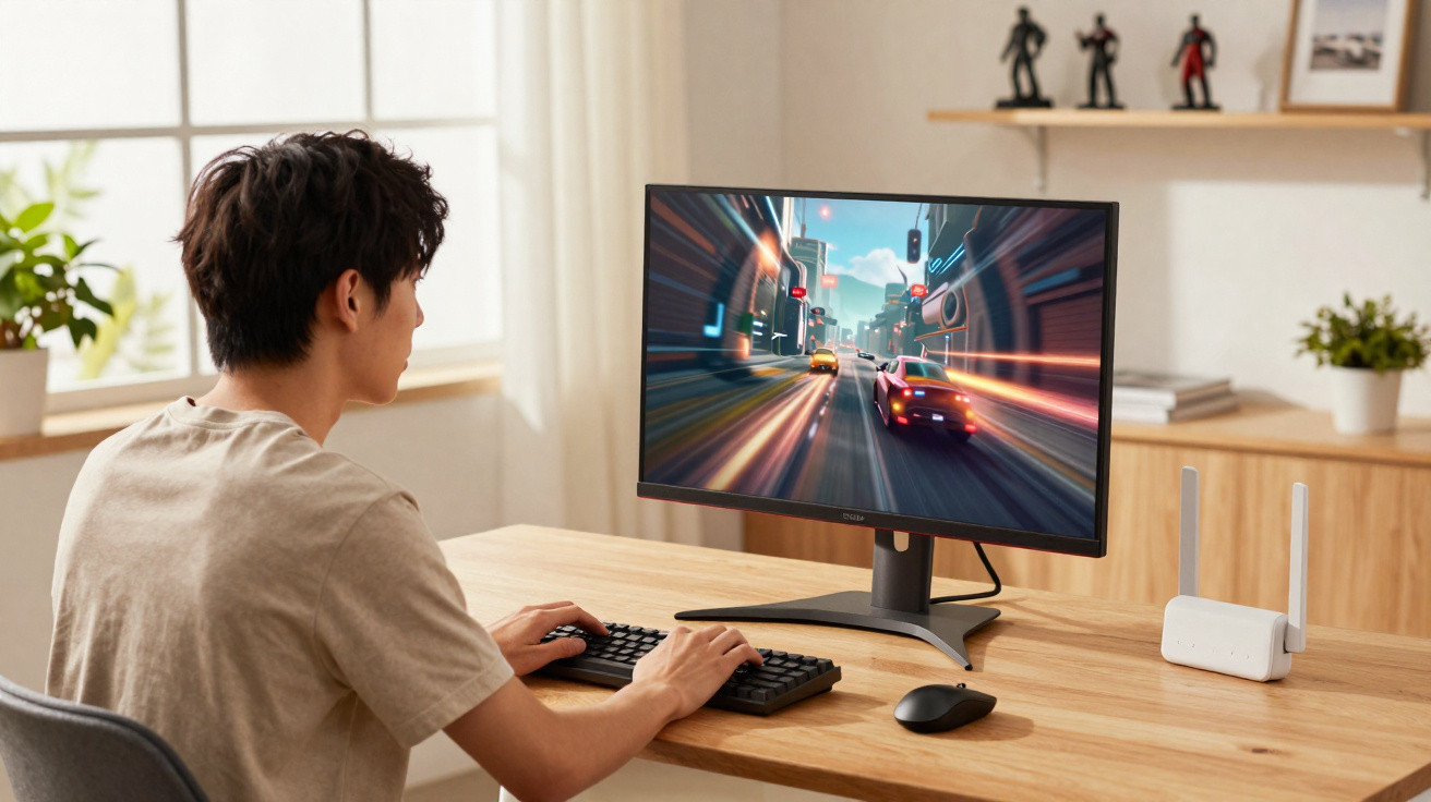 Person playing a fast-paced racing game on a desktop computer in a bright, tidy room.