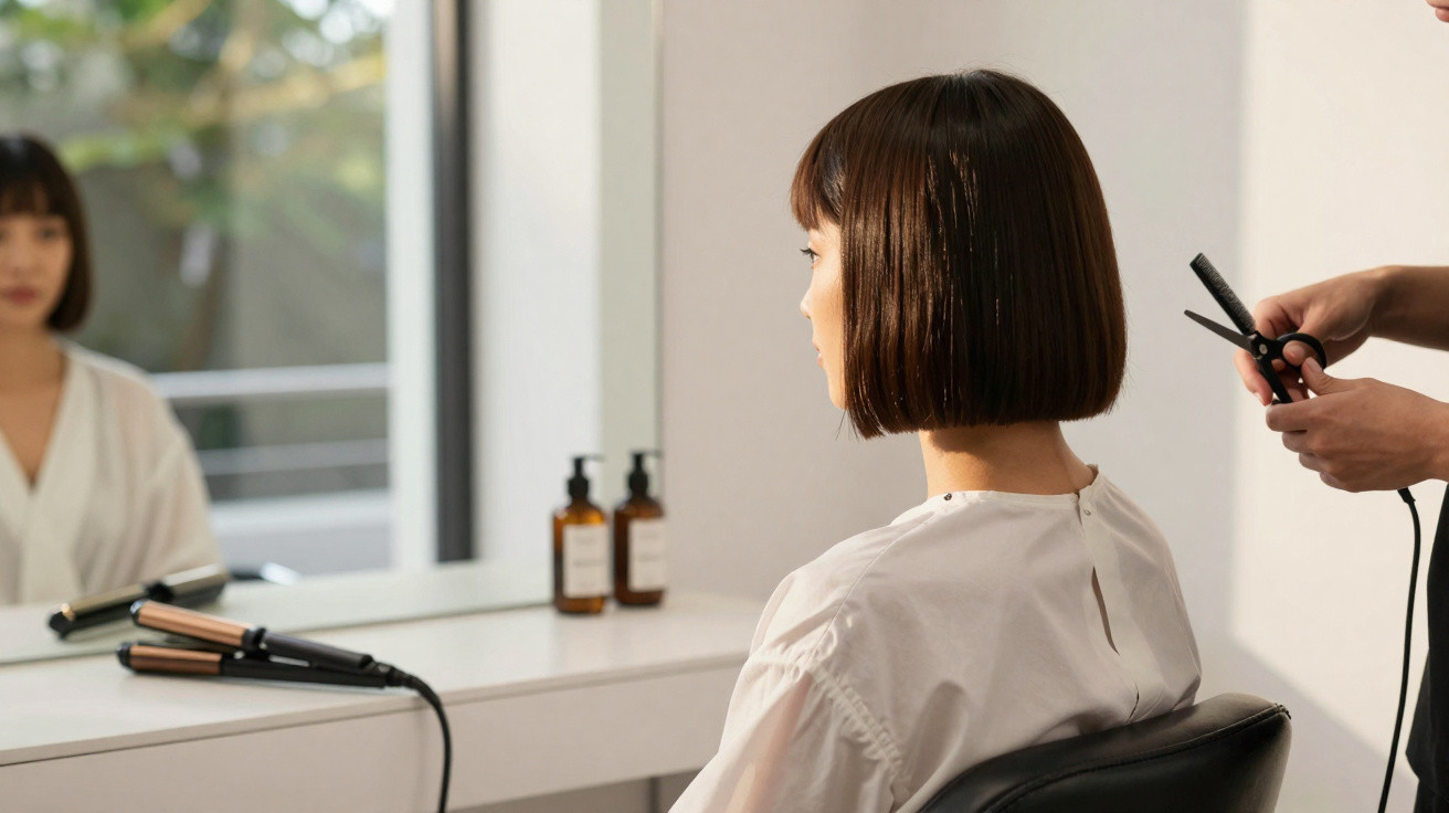 Woman with short bob haircut sitting in salon chair while stylist prepares a hair straightener nearby