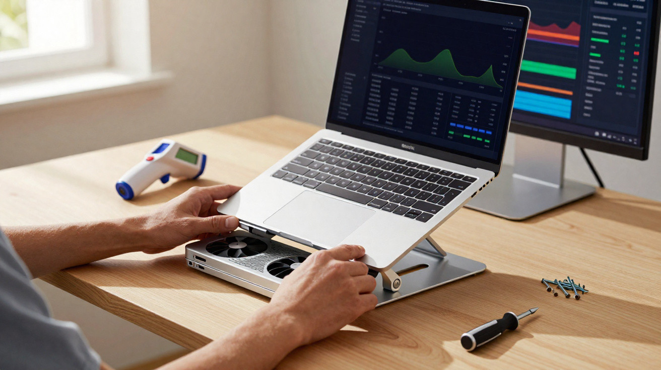 Person servicing a laptop with open graphics card beside a monitor displaying data charts.