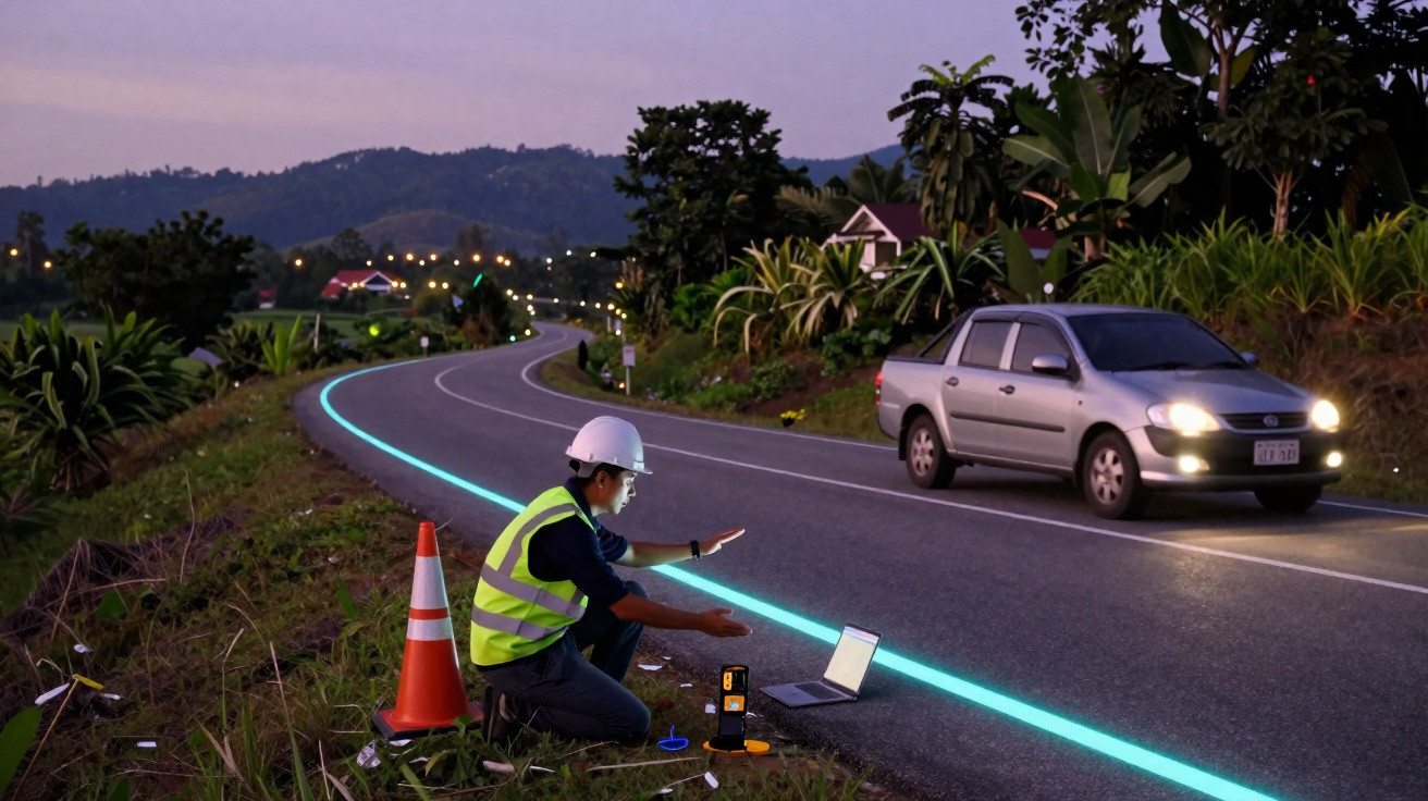 Surveyor in a safety vest and helmet working with equipment and laptop by a winding road at dusk.
