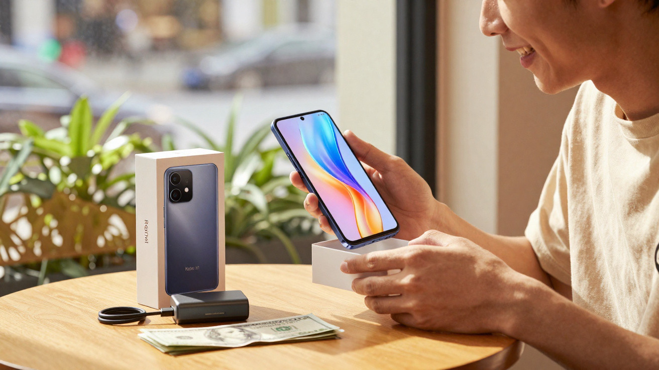 Person unboxing a new Redmi Note 11 smartphone at a wooden table with a charger and cash nearby.