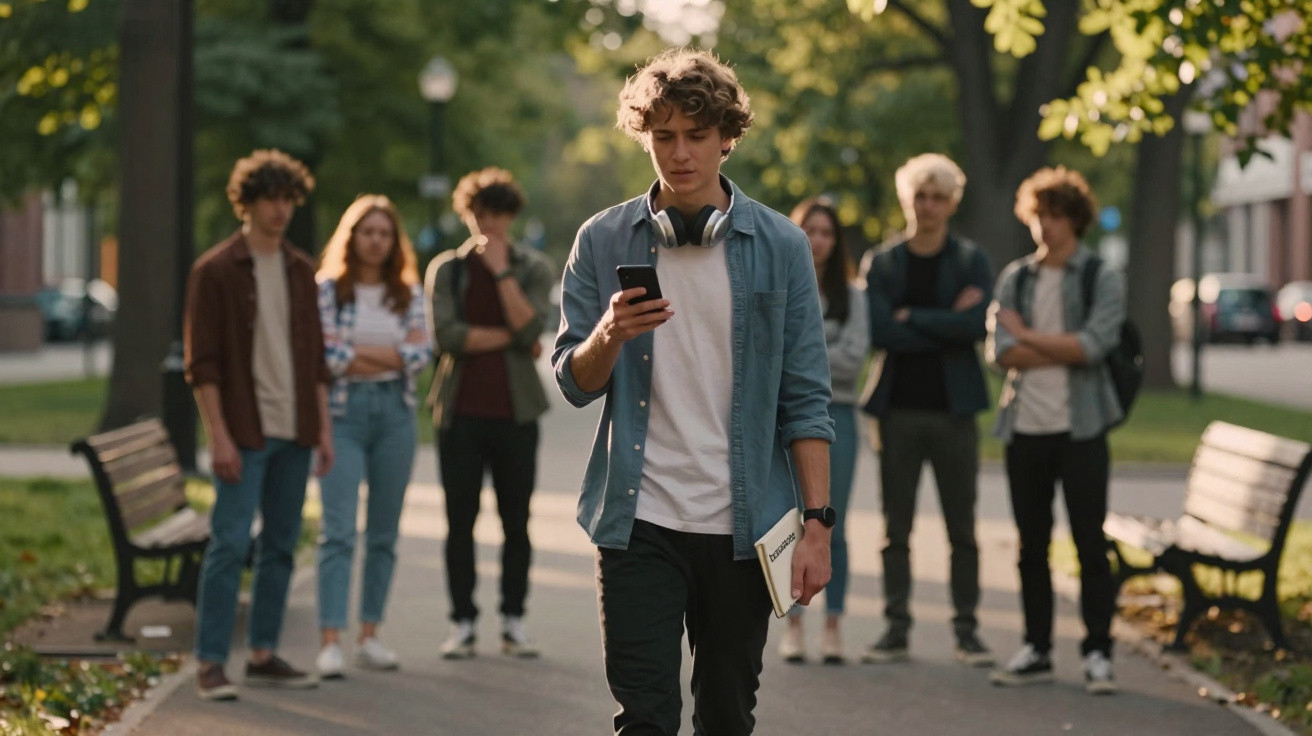 Teenage boy walking alone in park looking at phone while a group of peers stand behind him.